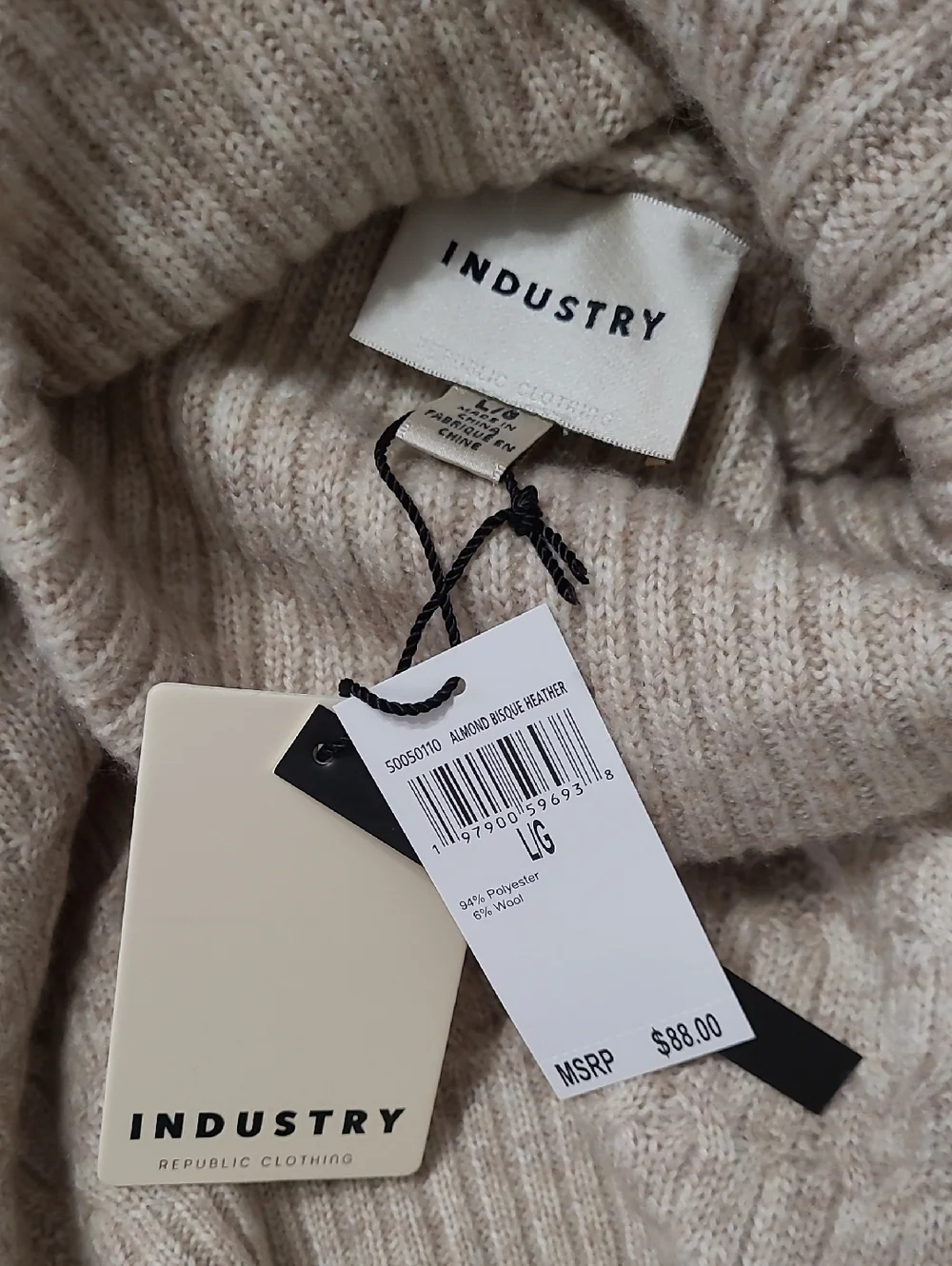 NWT Industry Khaki Cable-Knit Wool Blend Turtleneck Sweater size Large